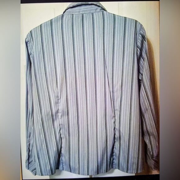 #195 DCC Woman Plus Blue Striped Zip Front 1/2 Sleeve Collared Blouse - Picture 2 of 7